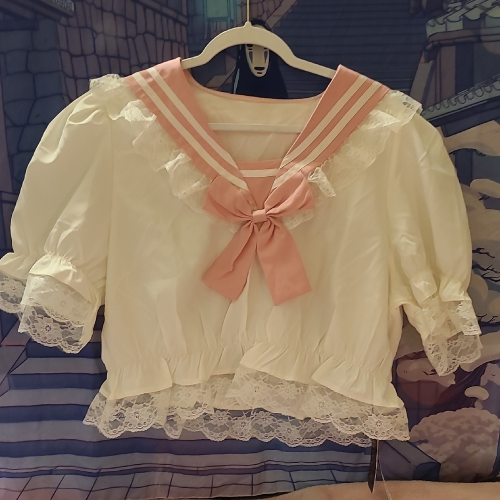 ROMWE Cream Lace-Trim Blouse